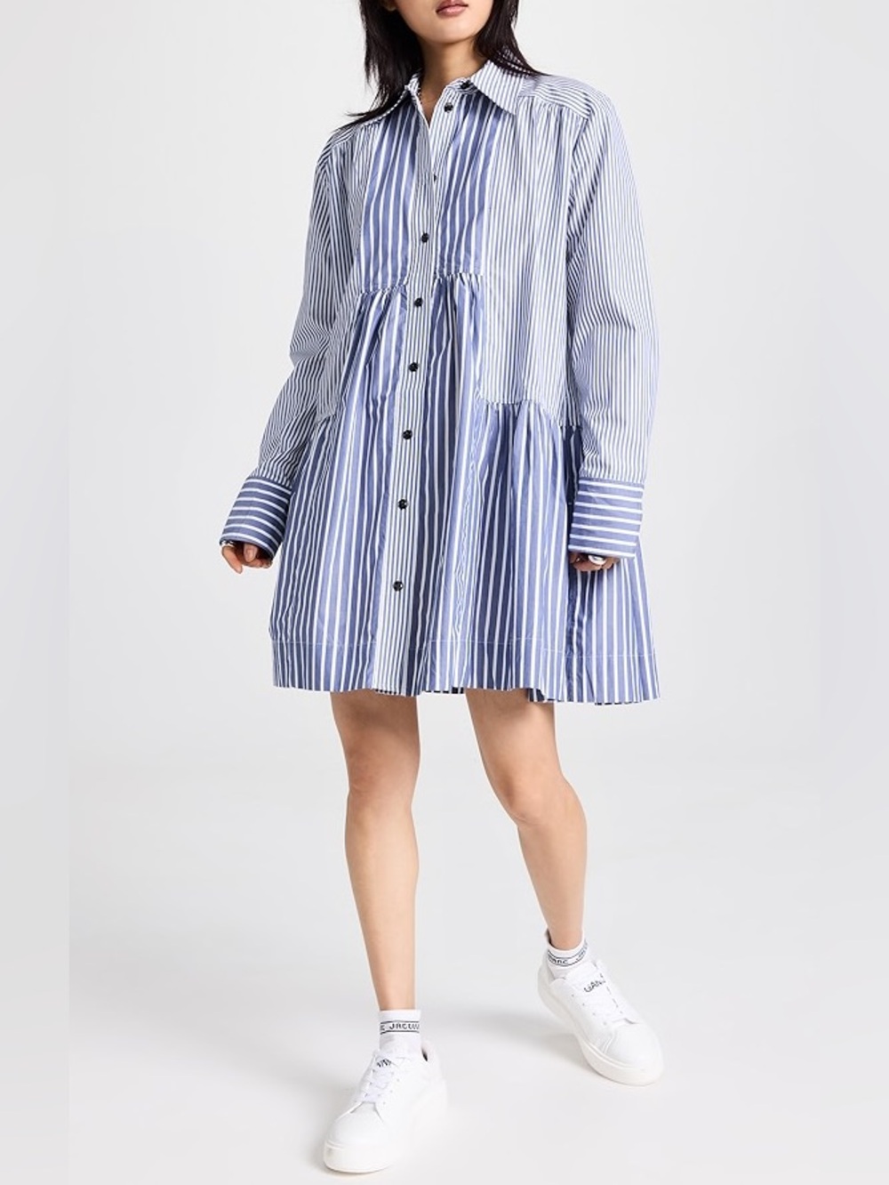 Ganni Striped Cotton Poplin Mini Wide Shirt Dress Oversized Blue EU 32 / 0